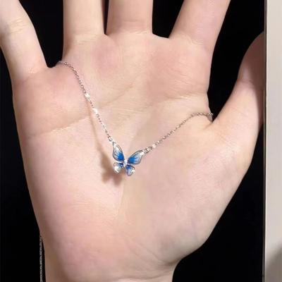 Gradual Change Blue Butterfly Necklace Women Ins Niche Premium Design Sense Collarbone Chain Valentine