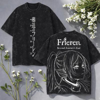 T-shirt Vintage Anime Frieren Graphique Lavé Printemps Été Hommes Femmes Coton Décontracté Oversize Tee Top Streetwear Harajuku