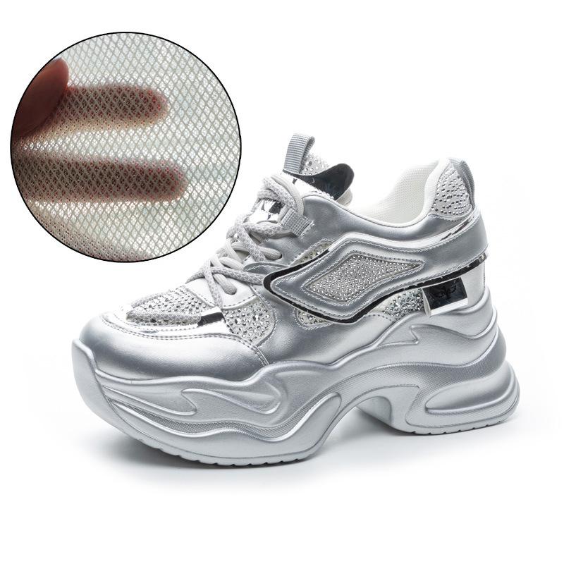 Spring and summer women's shoes new inner height increase women's thick-soled thick-soled small casual rhinestone mesh shoes