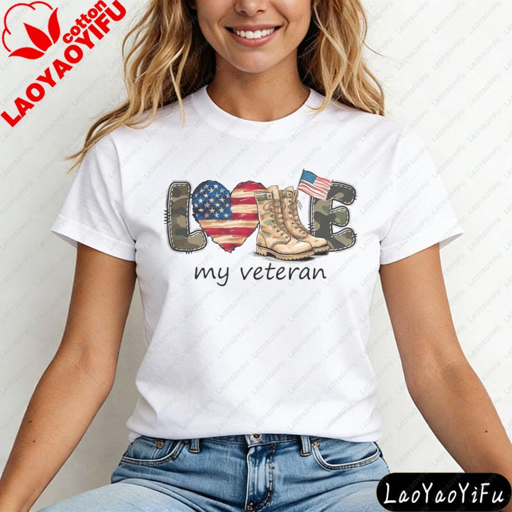 Love My Veteran Shirt Patriotic American Flag Tees Vintage Print Women Clothes Round Neck Tshirt Veteran Creative Gift