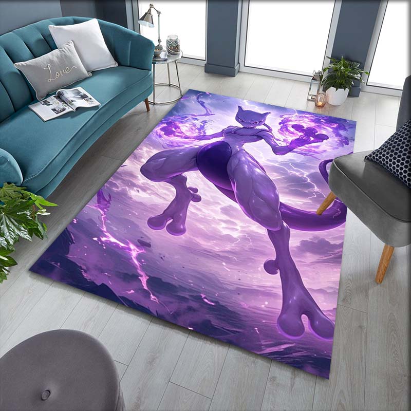 Pokemon Mewtwo Area Rug Psychic Monster Pattern Washable Carpet Home Living Room Indoor Decoration 60x90cm