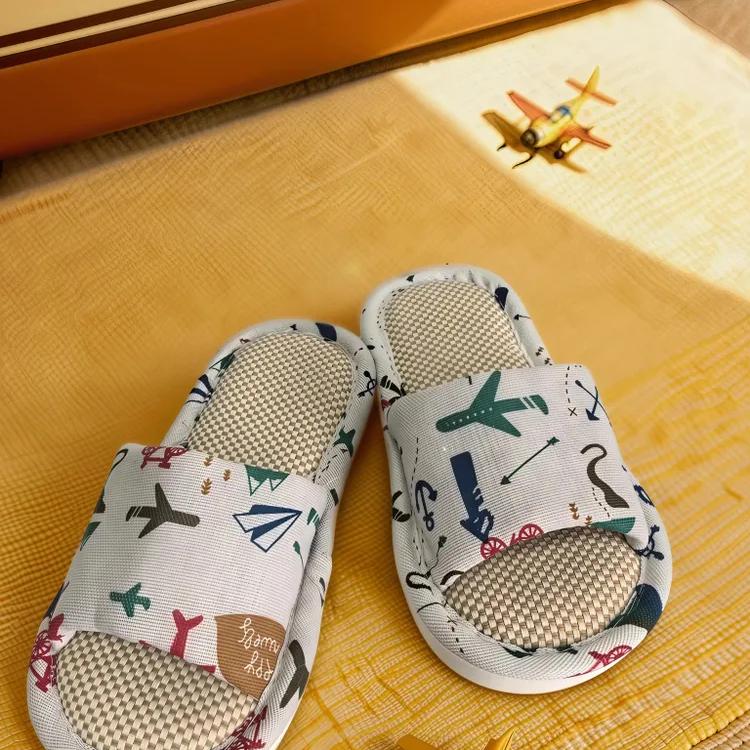 Kids Linen Slippers Cartoon Cute Boys Girls Indoor Non-Slip Absorbent House Shoes