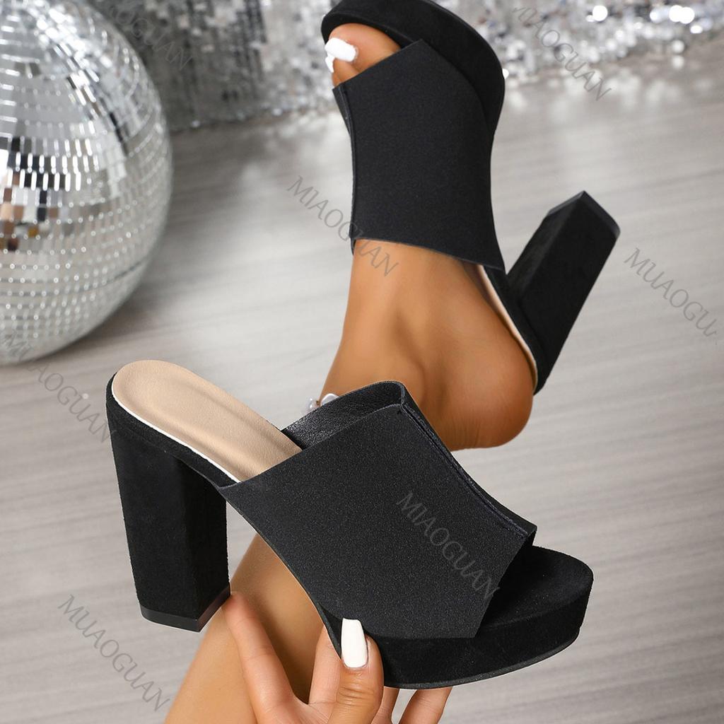 Fashion Summer New Women's Square Toe High-heeled Slippers Platform Black Fish Mouth Plus Size Party Shoes Elegant Heel Sandals Slides