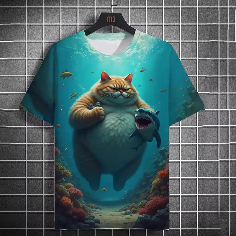 Men's T-shirt 3D Printed Funny Beach Catching Fish Kitten Printed Short Sleeve T-shirt Daily Casual Round Neck T-shirt Polyester