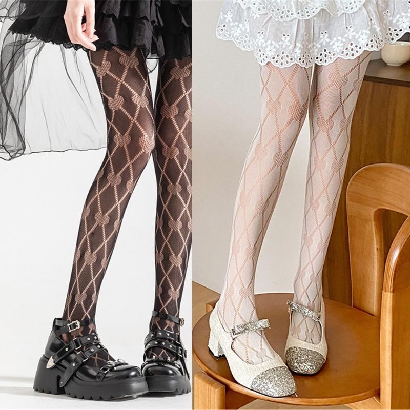 Women Sexy See Through Fishnet Pantyhose Stockings Japanese Harajuku Hollowed Heart Diamond Pattern Mesh Tights Leggings