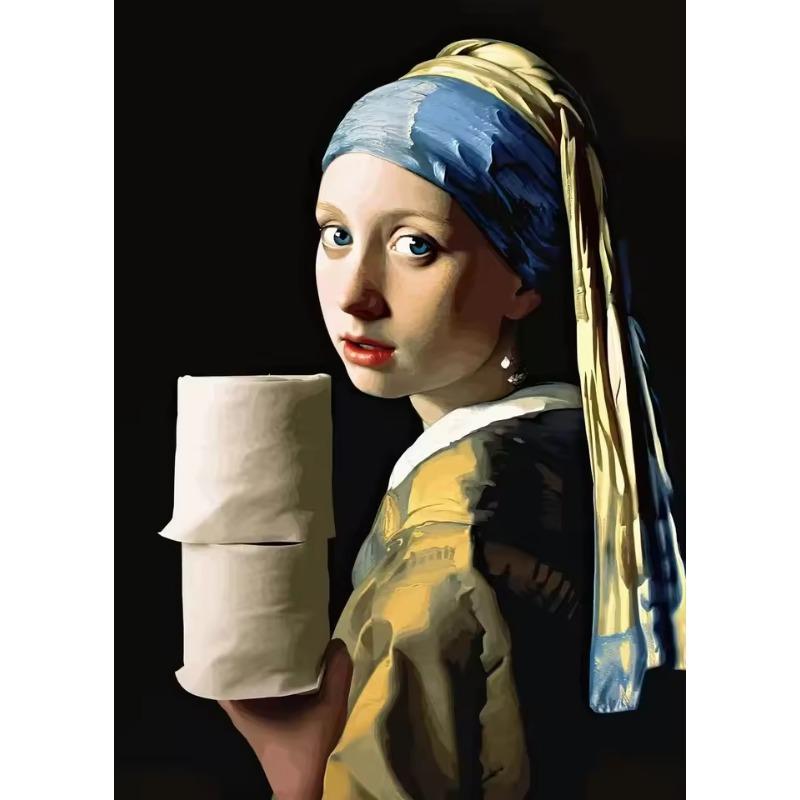 Funny Bathroom Toilet Canvas Painting Mona Lisa Wearing Pearls Girl with Roll Paper Canvas Poster and Prints Posters Home Decor
