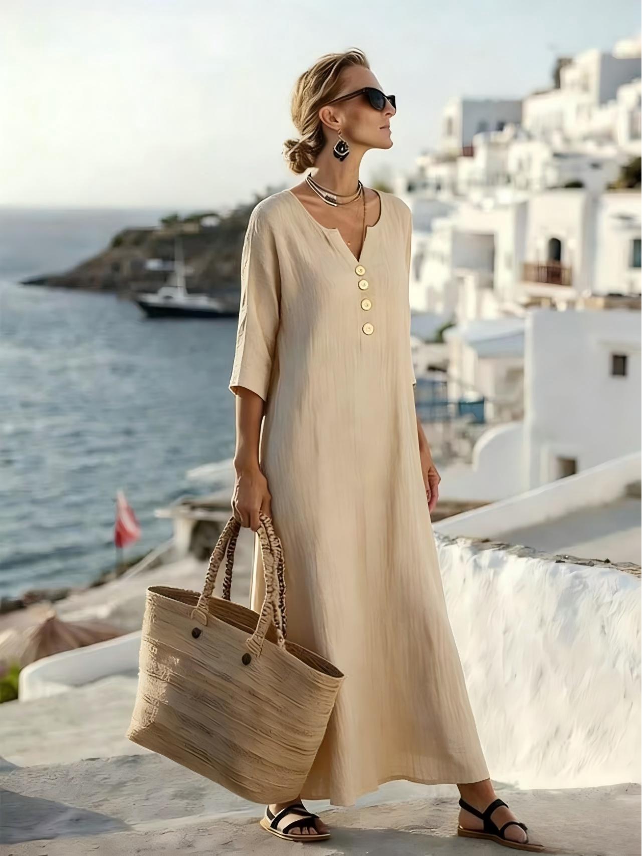 

2026 Elegant V-Neck Long Dress: European-American Style, Loose Fit for Daily Wear and Travel. L