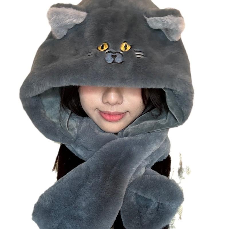 Cute Kitten Hat for Women with Winter Ear Protection Hat Plush Thickened Cartoon Pullover Hat Scarf Integrated Trend
