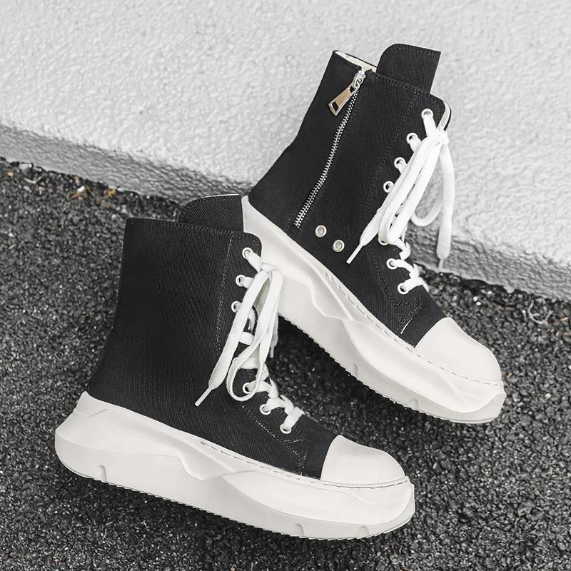 High Top Women Sneaker Quality Black Ankle Boot Brand Men Shoe Casual Fashion Zipper Metal Platform Canvas Street Shoe Men