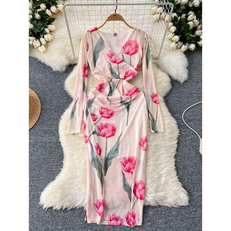 Adult Lady like Woman Fancy Women's Clothing Dress Scheming Ruched Silm Slim Looking Temperament Long Sleeve Mesh Floral Print Hip Skirt