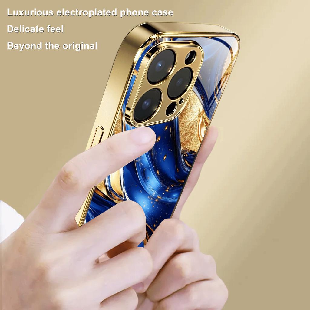 Premium Electroplated Glass Phone Case for iPhone 17 16 15 14 13 12 11 PM Pro Max Plus — Elegant Stylish Blue Gold Color Scheme