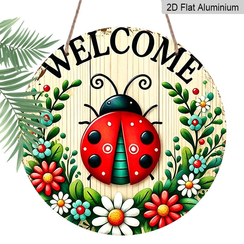 

2D Flat Aluminum Vintage Welcome Sign Wall Decoration, Available in Various Sizes, Printed with Ladybug Pattern. Suitable for Cafes, Living Rooms 20*20cm