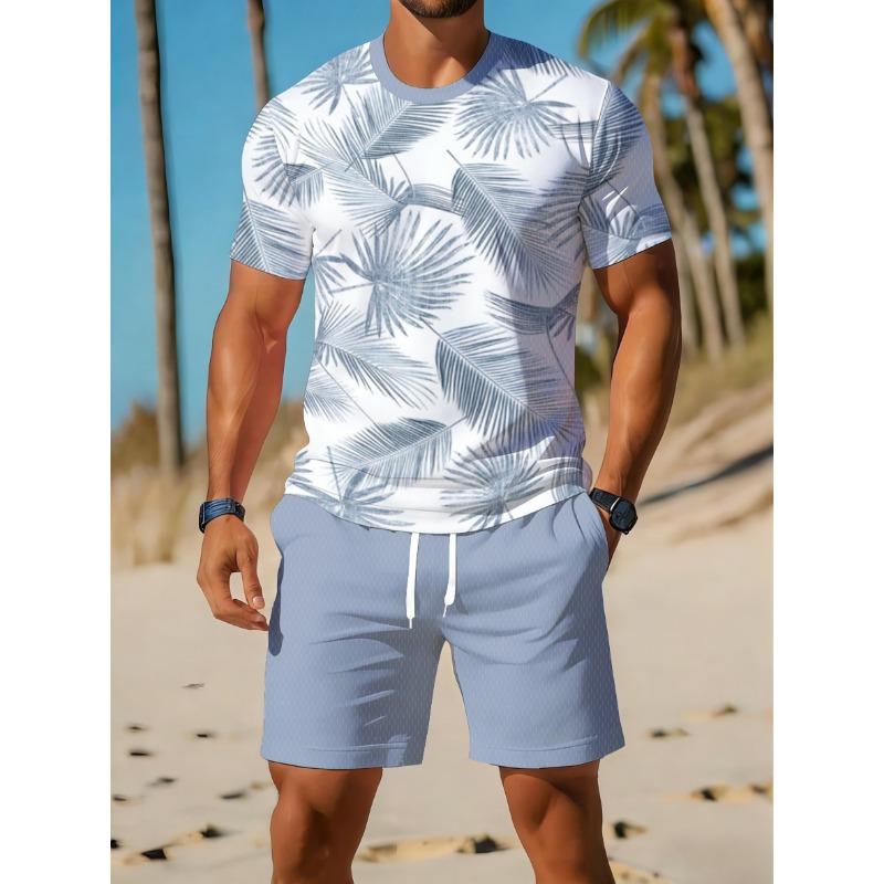 Men s Sports Short Sleeve Top Shorts Set Plus Size Breathable Basketball Sports Clothing Palm leaf Print T-shirt Shorts 2-piece Set S