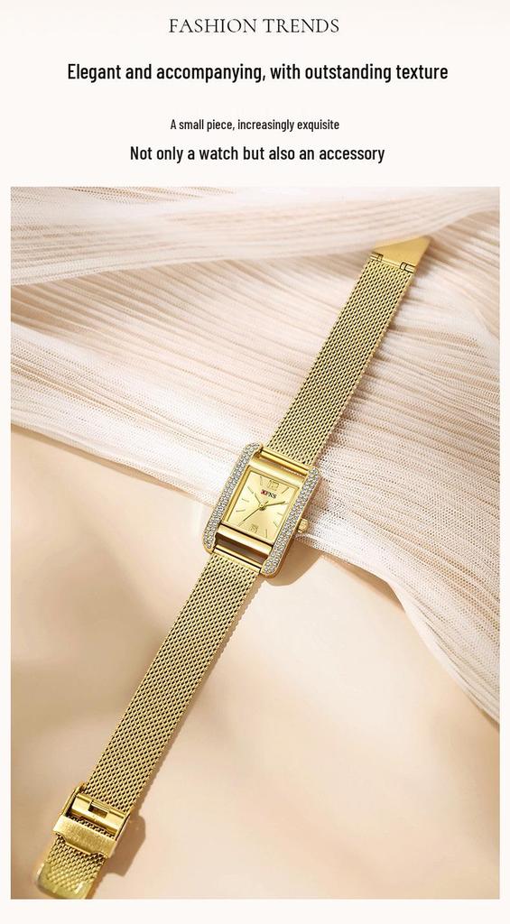 OFNS Elegant Women's Square Dial Watch: Simple Niche Bar Markers, Waterproof, Luxury Diamond Inlaid Quartz.