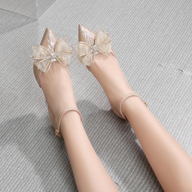 New pointed women's shoes high-heeled rhinestone butterfly waterproof table shiny wedding shoes are not tired