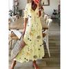 Women's V Neck Floral Print Short Sleeve Tassel Tie Loose Fit Maxi A-Line Dress