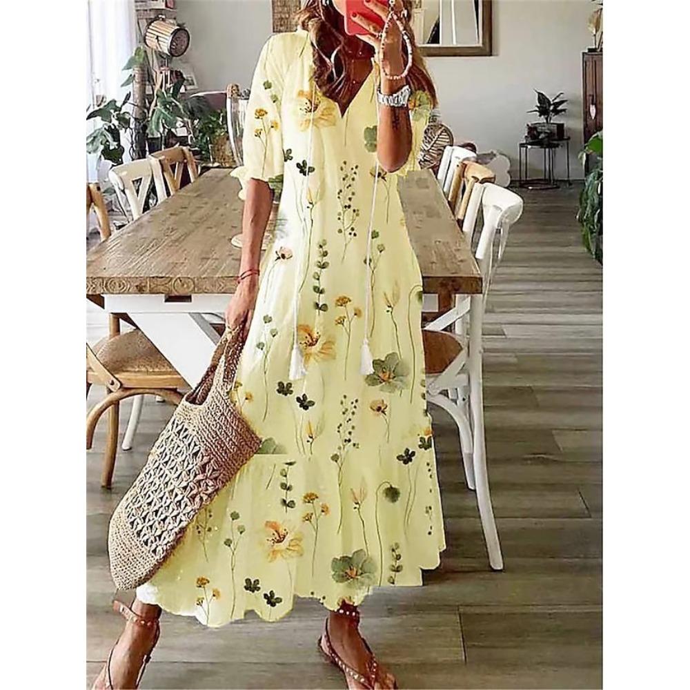 Women's V Neck Floral Print Short Sleeve Tassel Tie Loose Fit Maxi A-Line Dress