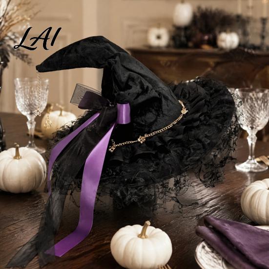 Halloween Night Decorations Witch Hat for Women Lace Wizard with Ribbon Bow Black Party Mesh Veil Costume Accessory Adults Fancy Dress Cosplay
