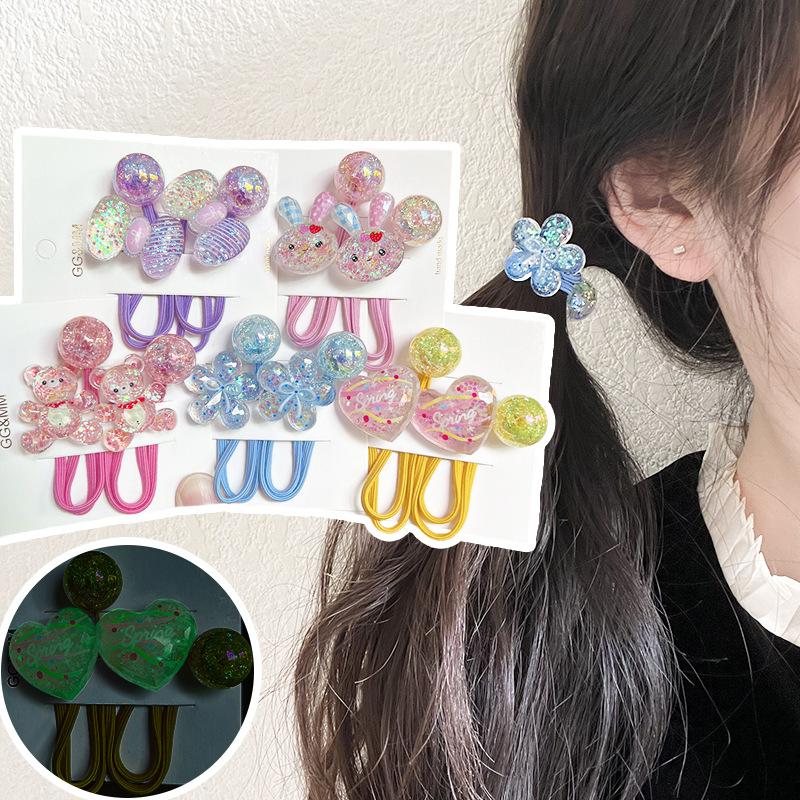 1pair Glitter Korean Style Cartoon Flower Bow Hair Ties Colorful Stretchy Hair Bands for Kids Girls Soft Elastic Kids Headwear