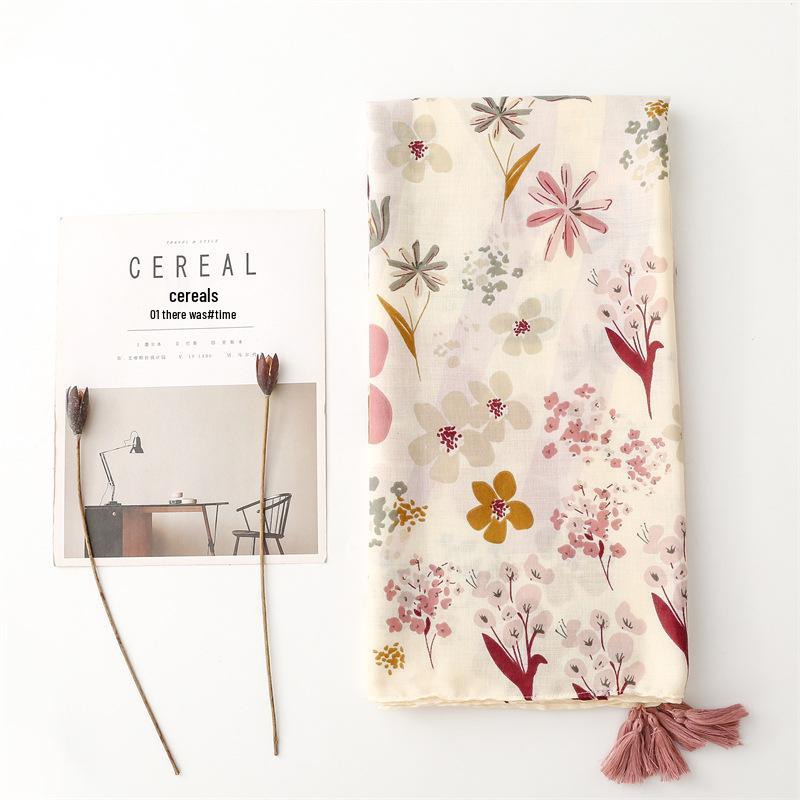 Elegant Beige Floral Tassel Shawl - Cotton Linen Feel Satin Scarf