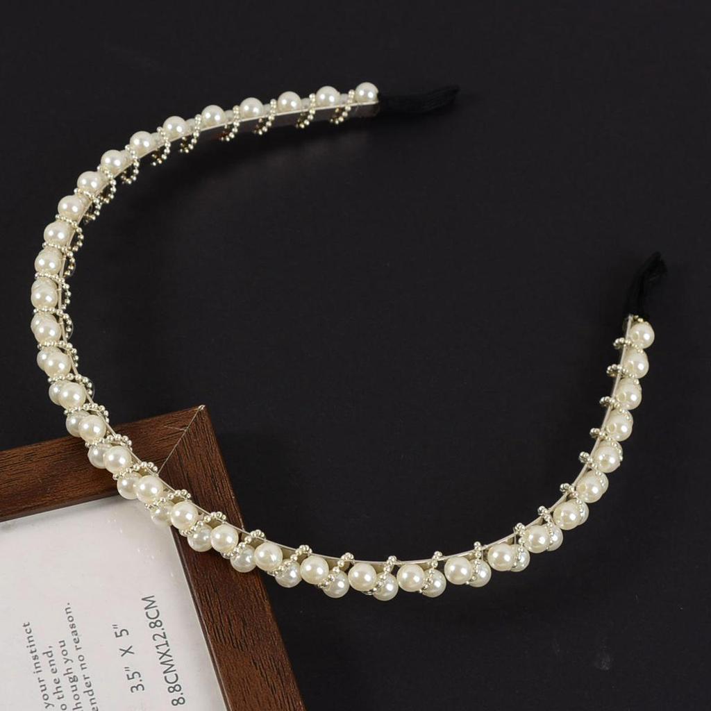 Handwoven Faux Pearl Headband & Bow Hair Clip Set for Brides