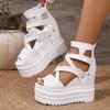 Women's White Faux Cover Wedge Sandals - 12cm Extra High Heel, Peep Toe with Cut-Out Design, Glossy Finish, Back Zipper Closure for Casual