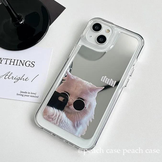 Cute Cat Dog Electroplated Mirror Surface Phone Case For iPhone 16 Pro Max 15 14 13 12 11 Pro Max Makeup Mirror Funny Cat Cover