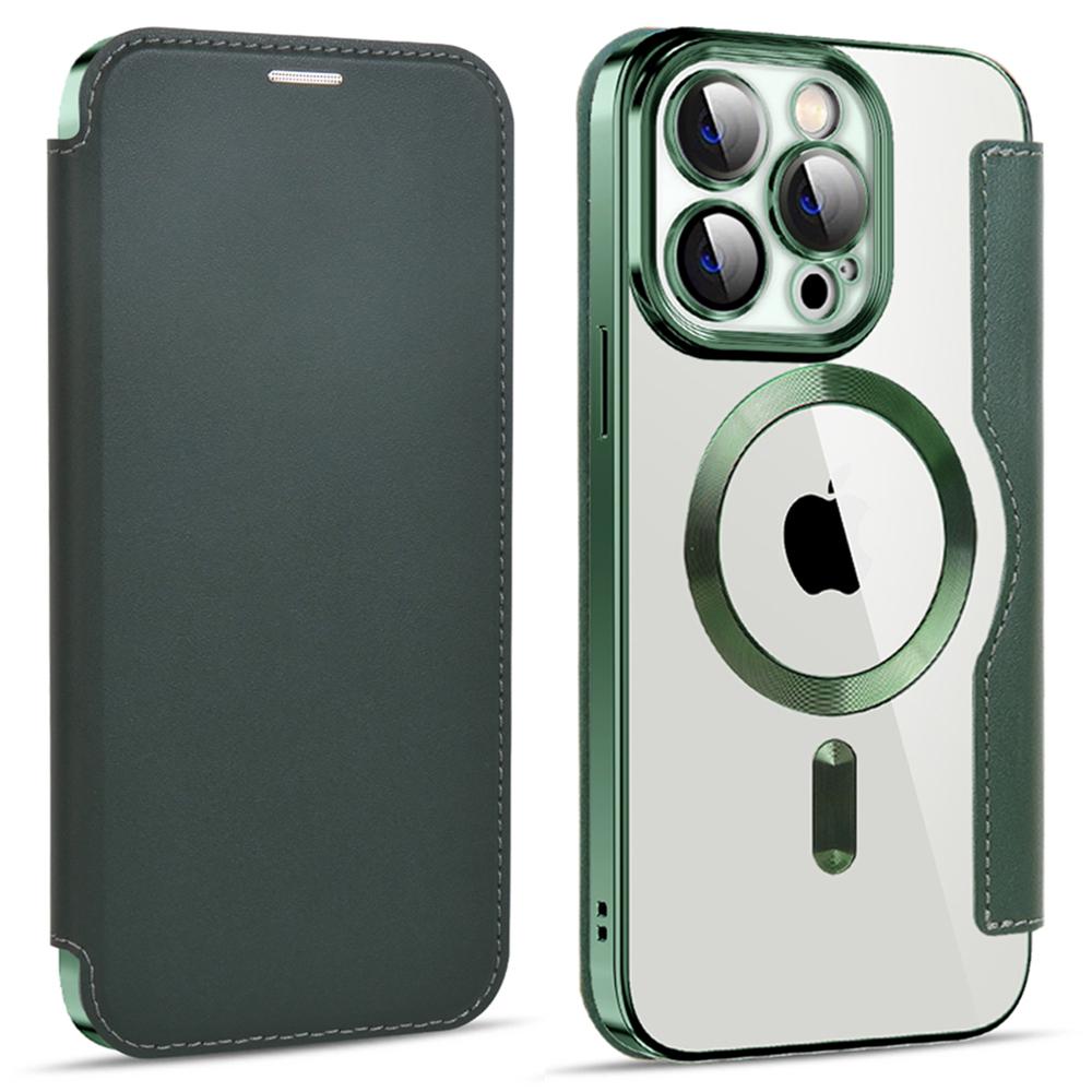 

Чехол для iPhone 14 Pro, Совместимый с MagSafe, Блокировка RFID, Слоты для карт, Полностью закрывающий, ТПУ, Гальваническое покрытие, Прозрачная задняя крышка, Чехол-книжка с защитной пленкой для объектива Blackish Green