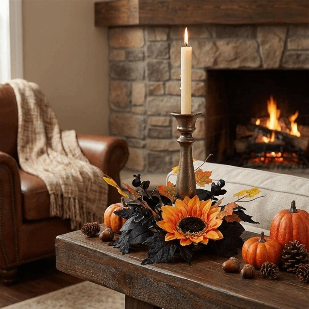 Halloween Theme Maple Leaf Candle Holder Wreath Handmade Pillar Ring Wreath Fireplace Decoration