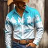 Men Long Sleeve Turn‑down Collar Shirt Vintage Western Cowboy Silhouette Star Print Button Up Street Rodeo Party Casual Wear Top