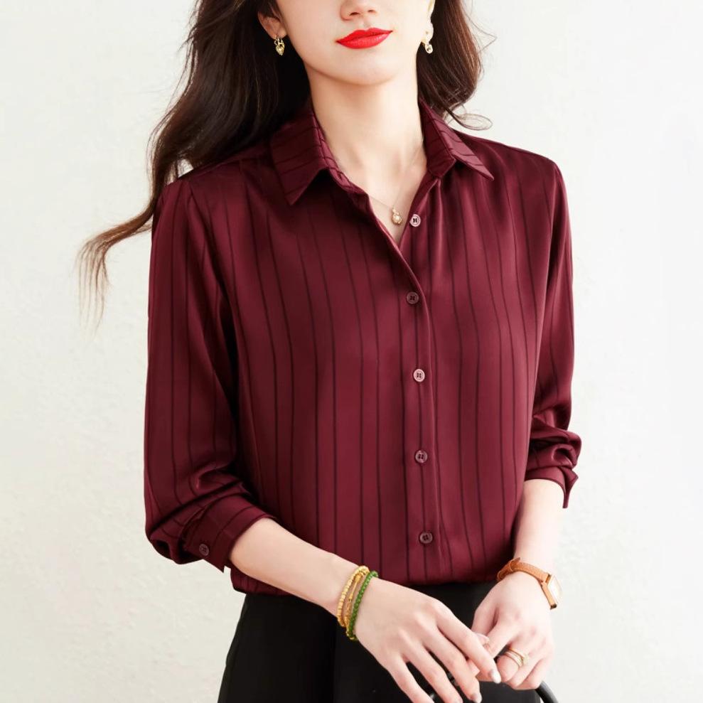 Polo Collar Striped Shirt for Women's Spring Temperament Satin Shirt Fashionable Shirt