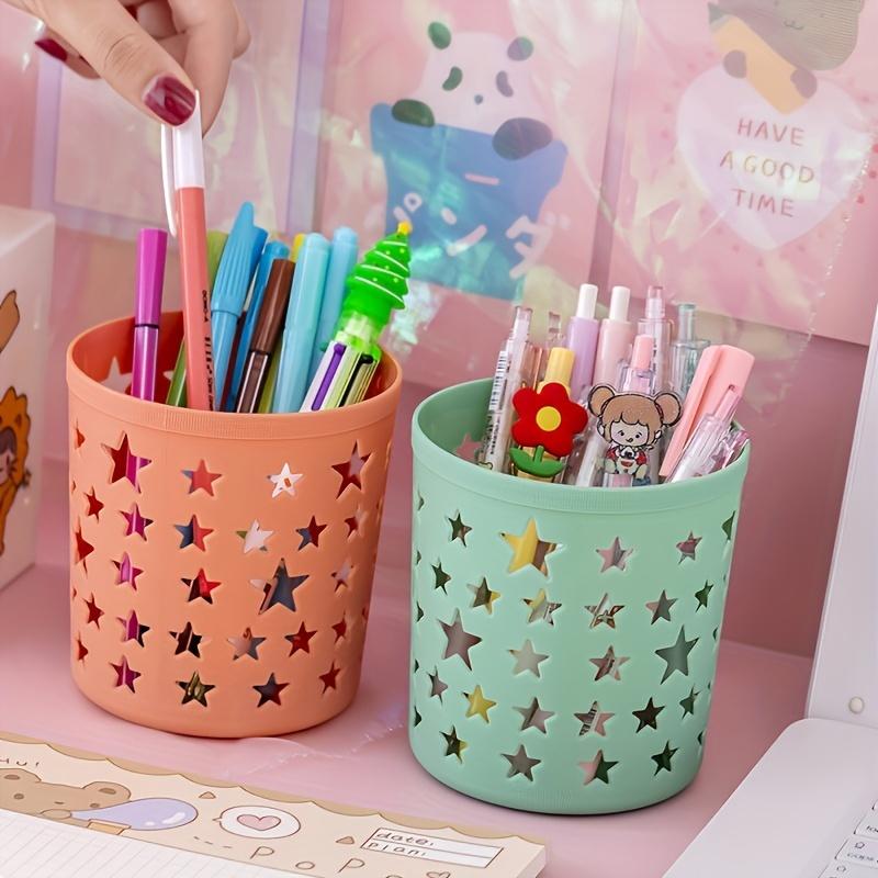Hollow Star Plastic Pen Holders - Round Desktop Organizers with Cute Animal & Star Designs, Ideal for Office & Art Supplies