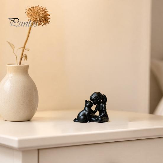 Girl Cat Sculpture 3D Printed and Statue, Cute with Kitty Figurine Resin Desktop Decor, Modern Art High-end Texture Ornament for Home Office
