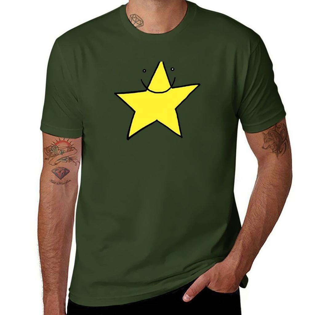 Lucky yellow funny star smiling with eyes open Tshirt summer clothes korean fashion vintage clothes Mens t shirts
