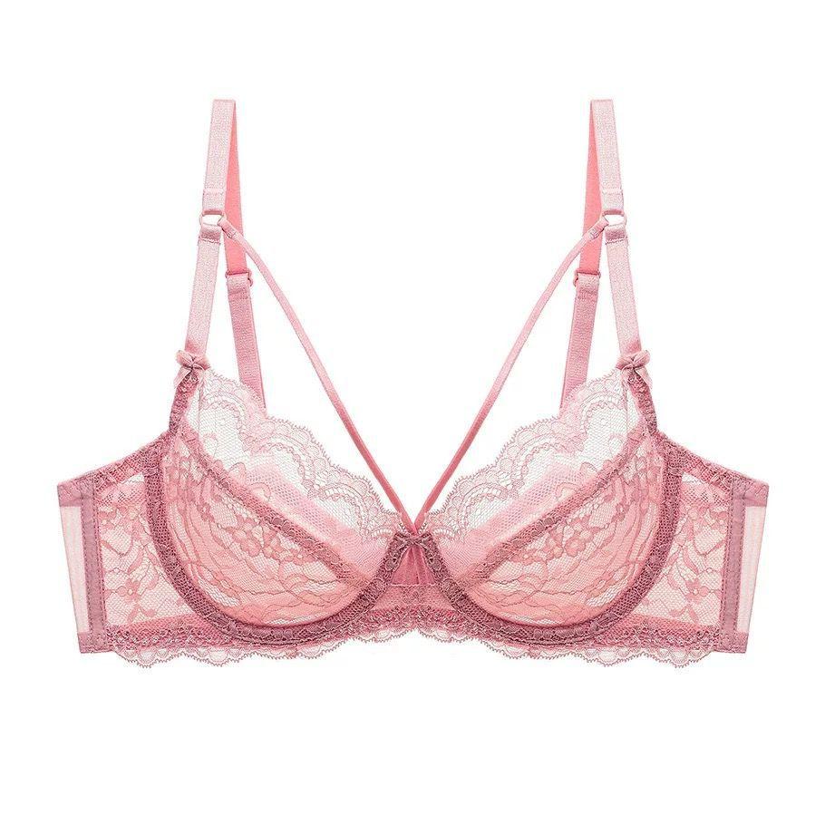 Sexy French Lace Underwear Women's Gathering Front Cross Adjustment Thin Large Breast Small Large Size Bra Set