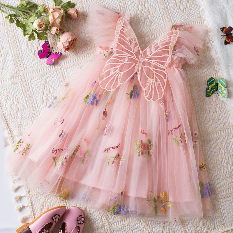 

Fashion Toddler Girls Butterfly Wing Tulle Dress Embroidered Floral Party Dress 80cm рожевий