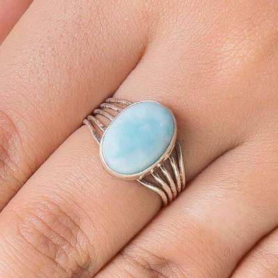 Natural Larimar Oval Gemstone Handmade Designer Ring, 925 Sterling Silver, Birthday Gift, Boho Ring, Wedding Engagement Gift