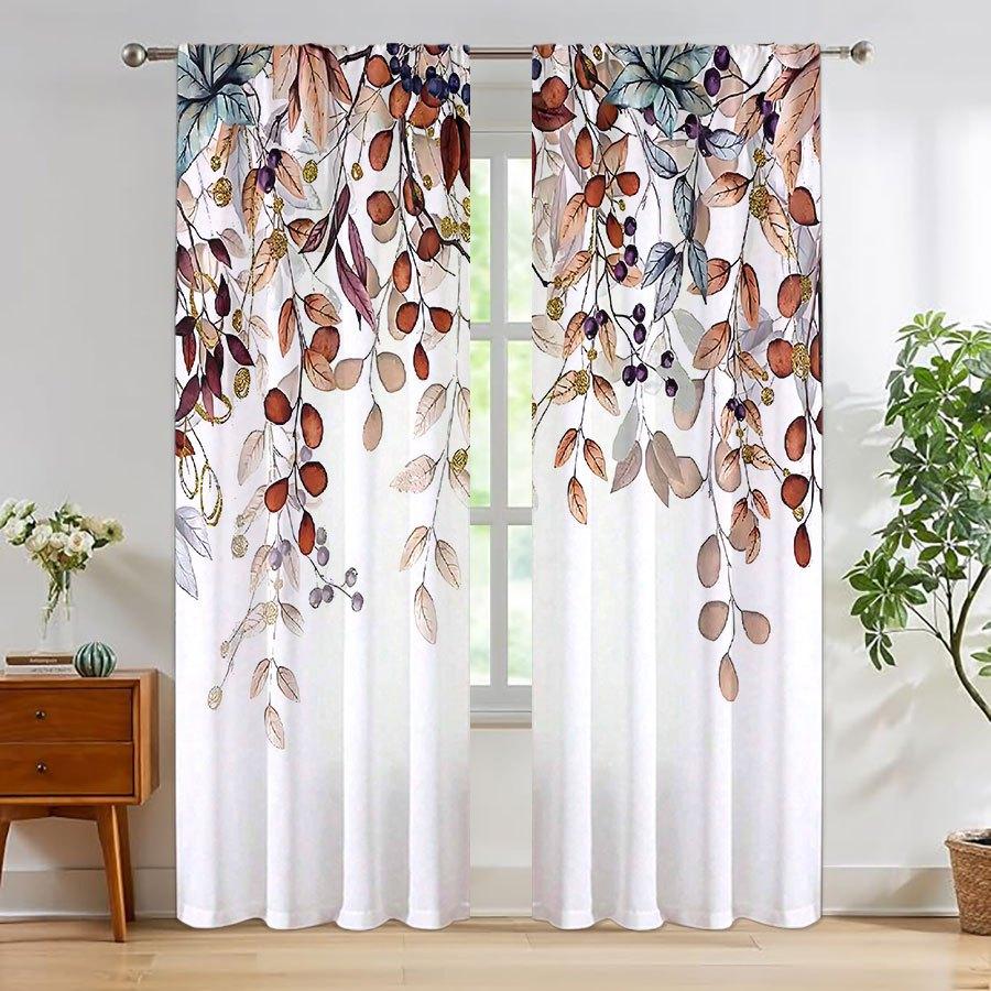 2pc Brown Leaf Print Curtains On White Background   Polyester Fabric   Machine Washable   Suitable for Living Room   Bedroom   Study