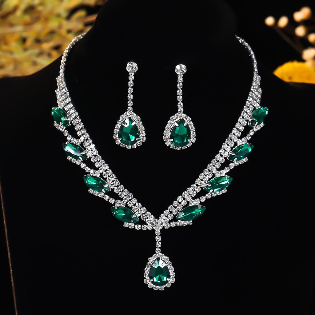Luxury Rhinestone Beautiful Necklace Earrings Set Bridal Jewelry, Green Water Drop Pendant Earrings Accessories