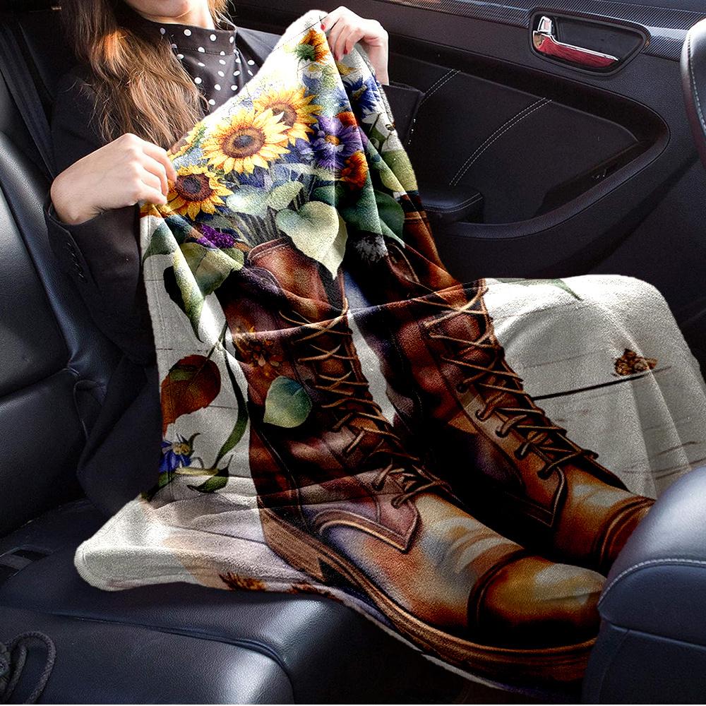 For Boots,Sunflowers,Butterflies-Themed Flannel Blanket, Glam Style, Digital Print, All-Season Comfort, Tear-Resistant, Knitted Craftsmanshi