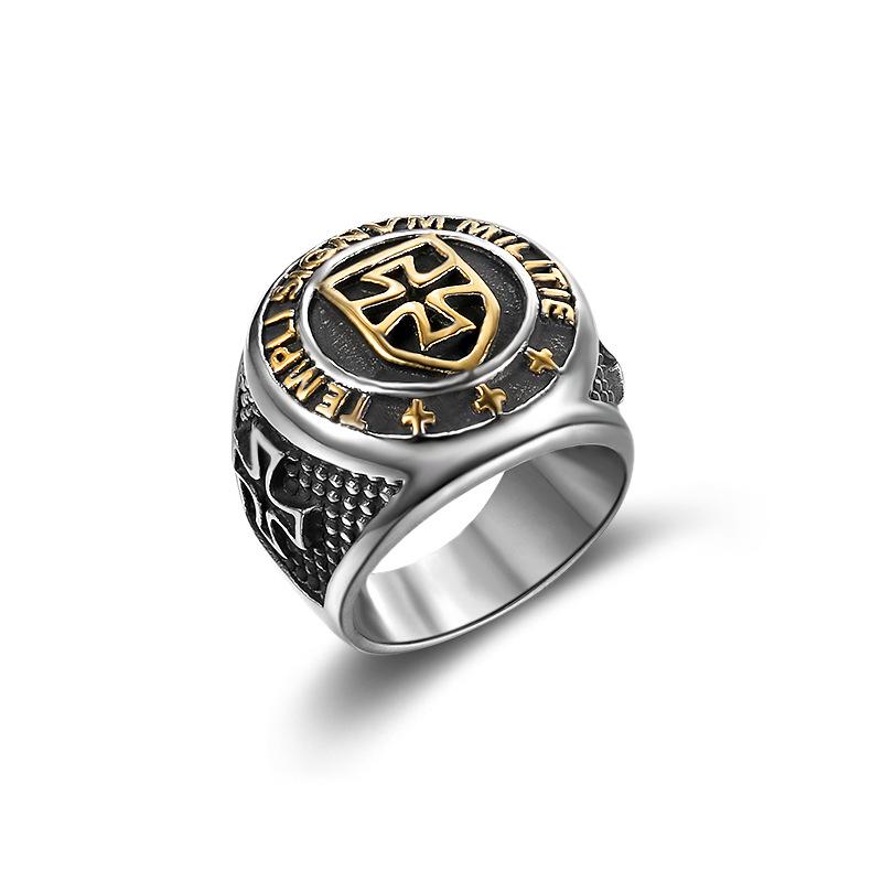 New Gold Color Knights Templar Cross Ring Men 316L Stainless Steel Ordre Temple Ancient Zircon Glory Rings Fashion Mens Jewelry