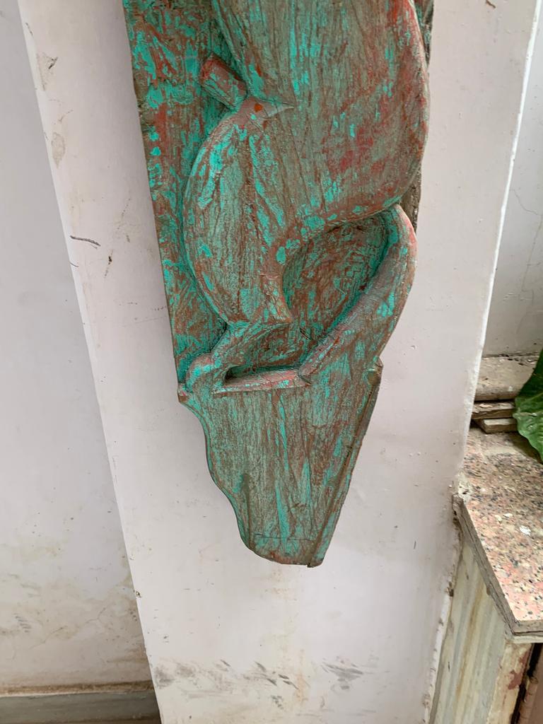 Distressed Antique Carved Wood Wall Panel: Indian Animal Statue Decor