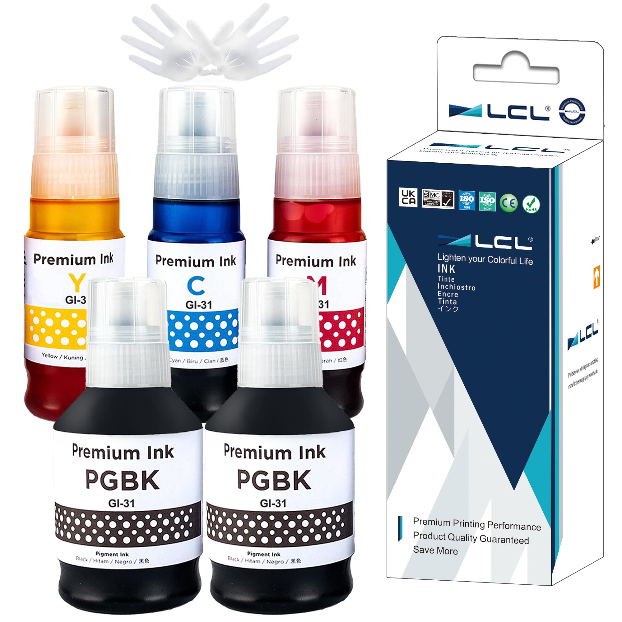 

Сумісні чорнильні пляшки LCL для Canon 2BK Сумісні G1330 GI-31, GI-31PGBK, GI-31BK, GI-31C, GI-31M, GI-31Y (Набір 5 пігментів, 135 мл, C/M/Y барвник, 70 мл) чорний