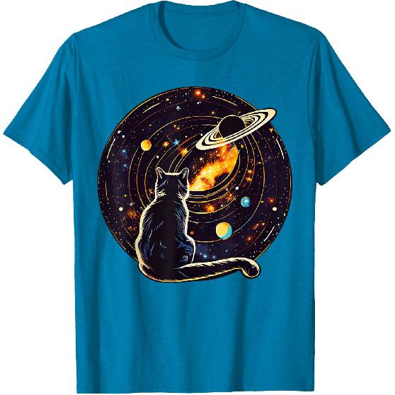 Cat Dad, Lover T-Shirt: Cat Staring at Planet Saturn