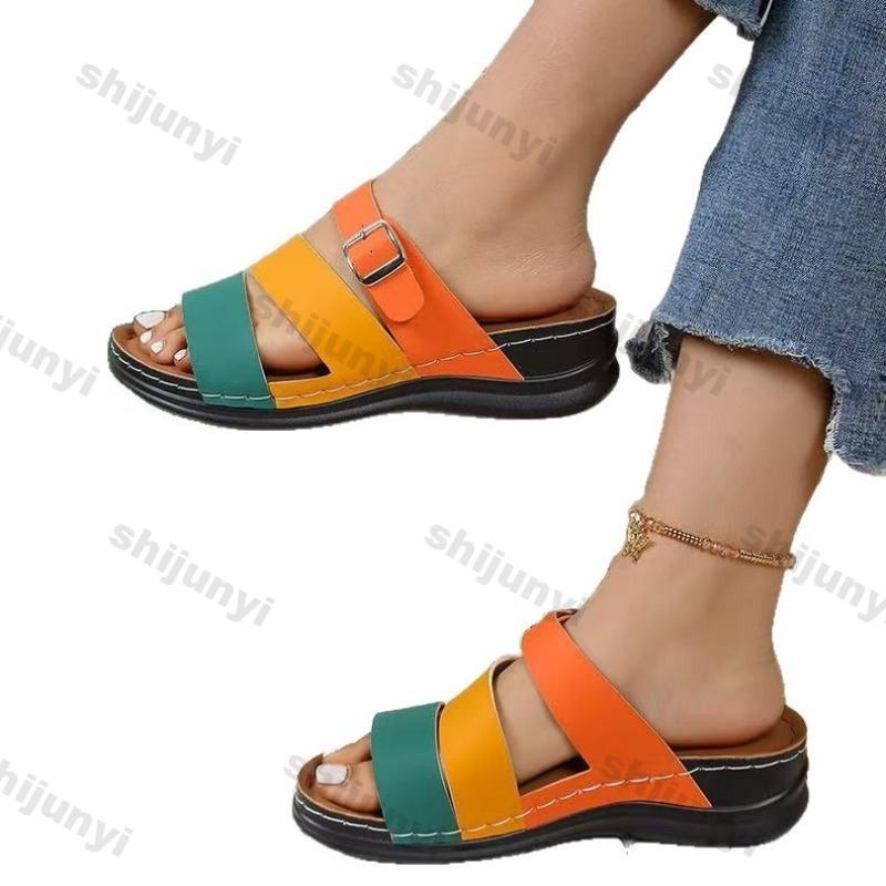 Large Size Wedge Women's Shoes 2025 New Fashion Peep Toe One Word Slippers Comfortable Breathable Square Button Casual Sandals
