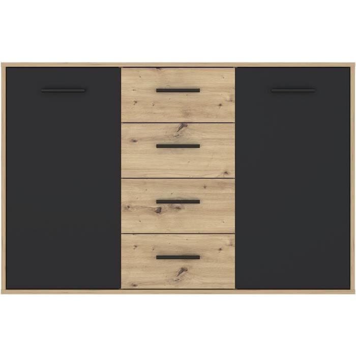 PILVI Sideboard - Contemporary Style - Melamine Particles - Oak and Black Decor - 2 Doors + 4 Drawers - L 122.6 X D 34.2 X H 81.7 Cm