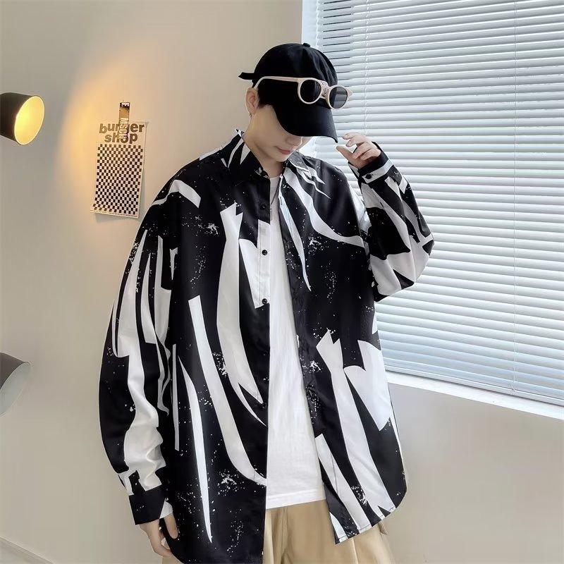 Autumn Retro Buckle New Chinese Style Stand Collar Shirt Men's Niche Graffiti Printing Design Sense Ruan Handsome Top