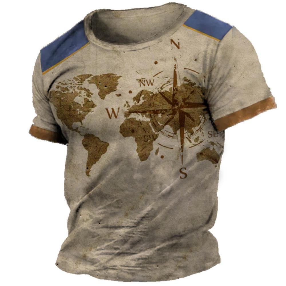 New Vintage T -Shirt Men's Summer Short -Sleeved Navigation Compass 3d Print Fashion British Men's Clothing Streetwear