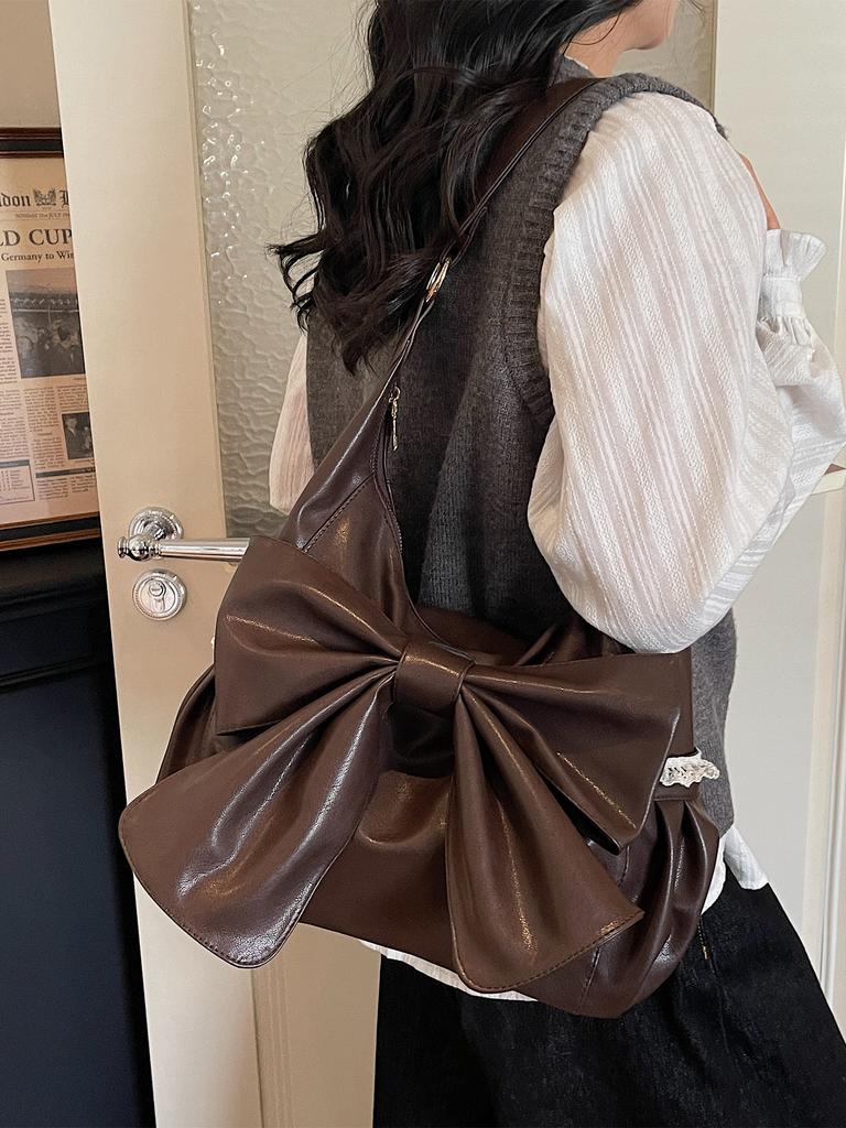 Underarm Bag Women's 2026 New Fashi Large Capacity Bow One Shoulder Bags Temperament Commuter Soft PU Crossbody Pouch
