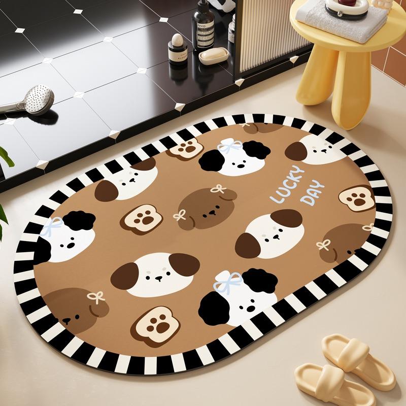 Bathroom Mat Cartoon Dog Cute Style Rug Absorbent Quick-drying Floor Mats Toilet Diatom Mud Non-slip Carpet Oval Decorative Rugs
